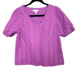 Draper James Eyelet Purple Short Sleeve Blouse Size Medium